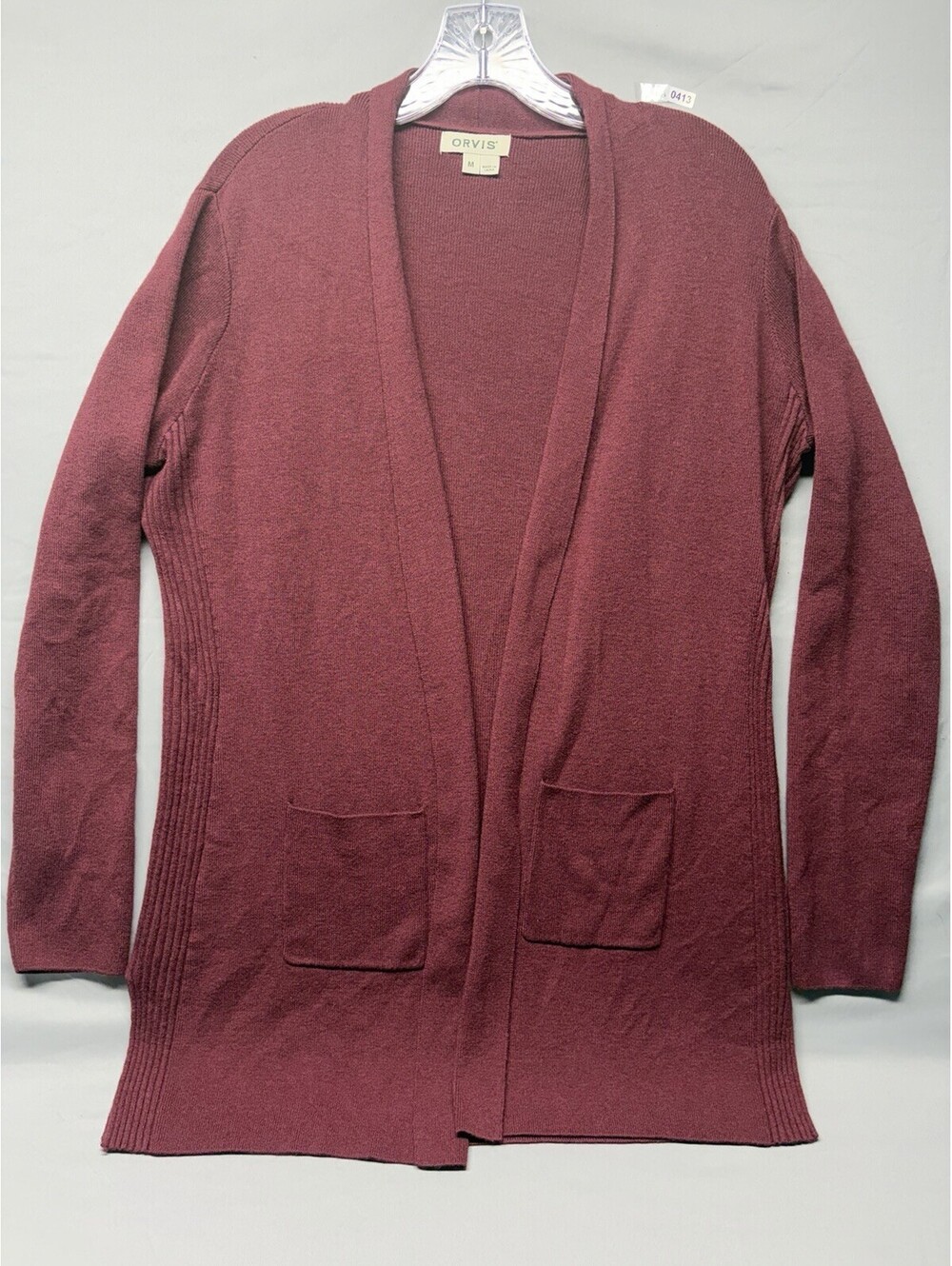 Orvis Merino Wool Cardigan Sweater Womens Medium Burgundy Open Front and Pockets
